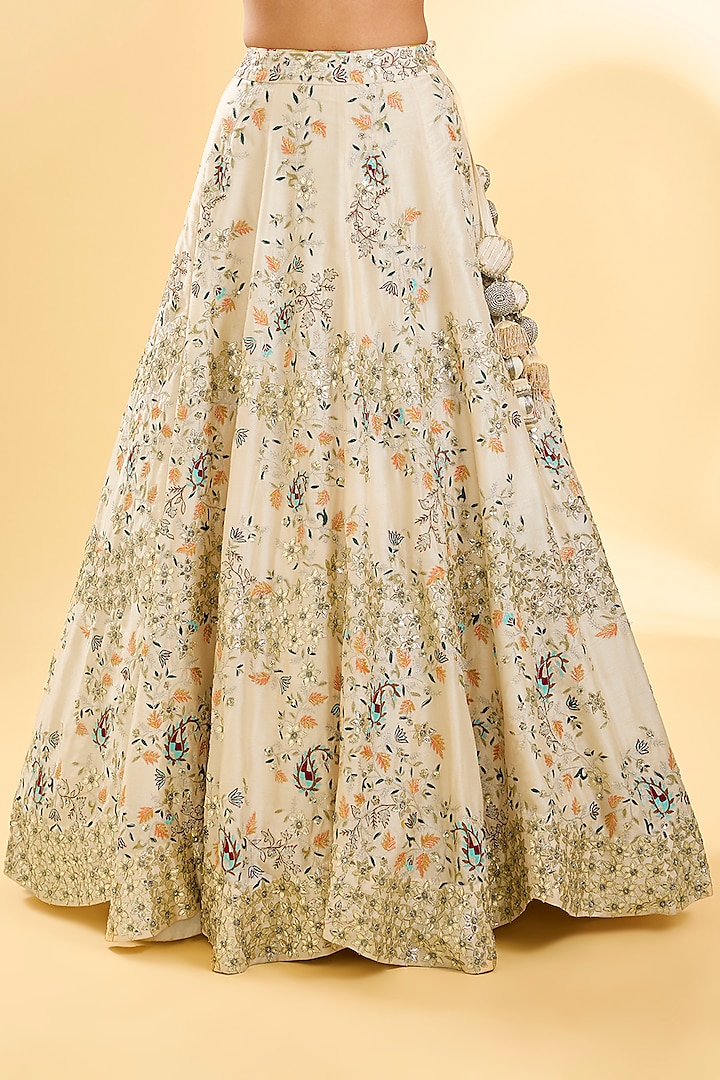Ivory Dupion Silk Floral Hand Embroidered Bridal Lehenga Set by Simar Dugal at Pernia's Pop Up Shop