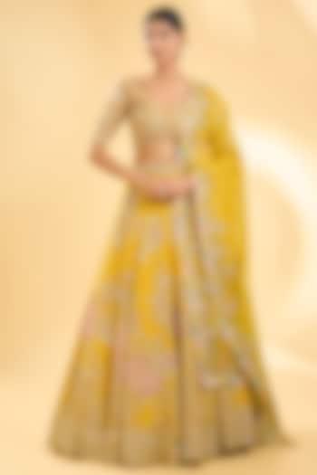 Yellow Dupion Silk & Silk Organza Floral Hand Embroidered Bridal Lehenga Set by Simar Dugal at Pernia's Pop Up Shop