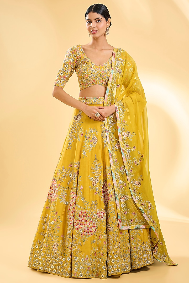 Yellow Dupion Silk & Silk Organza Floral Hand Embroidered Bridal Lehenga Set by Simar Dugal at Pernia's Pop Up Shop