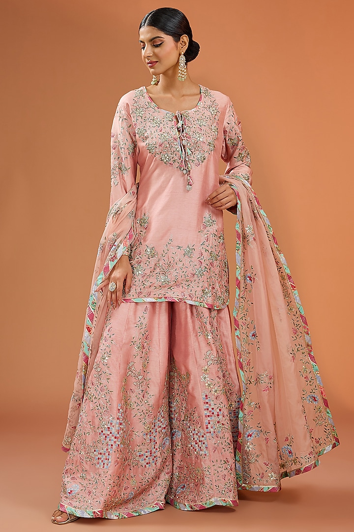 Old Rose Pink Muslin Aari Embroidered Kalidar Sharara Set by Simar Dugal at Pernia's Pop Up Shop