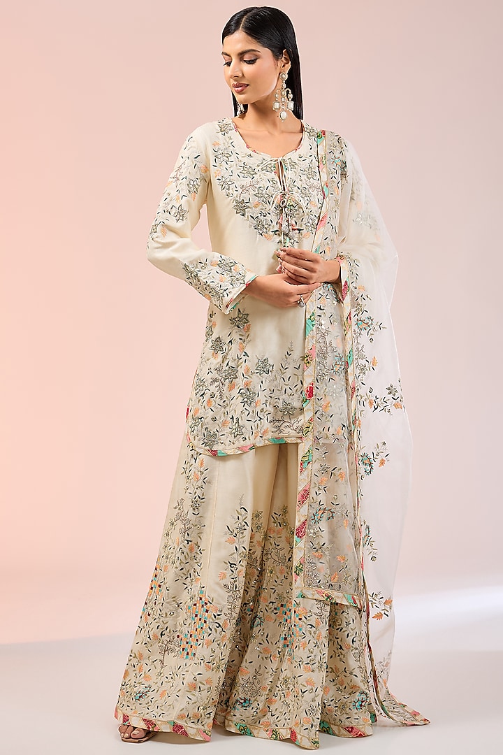 Ivory Dupion Silk Aari Hand Embroidered Kalidar Sharara Set by Simar Dugal at Pernia's Pop Up Shop