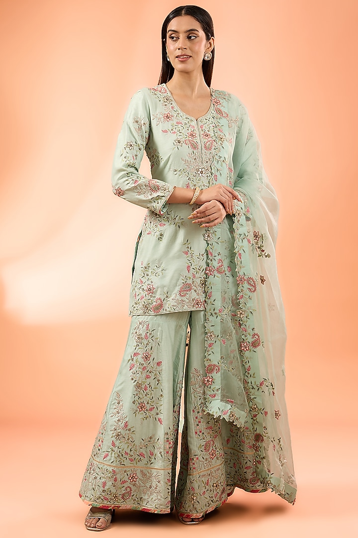 Jade Green Dupion Silk Aari & Zari Embroidered Gharara Set by Simar Dugal at Pernia's Pop Up Shop