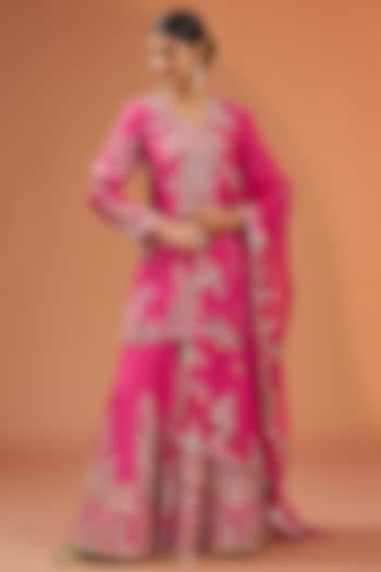 Fuchsia Pink Muslin French-Knot Embroidered Gharara Set by Simar Dugal at Pernia's Pop Up Shop