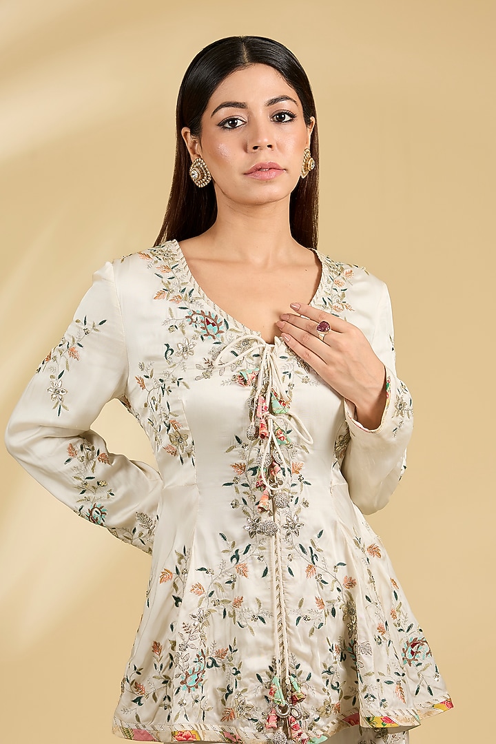 Ivory Georgette Hand Embroidered Bridal Sharara Set by Simar Dugal at Pernia's Pop Up Shop