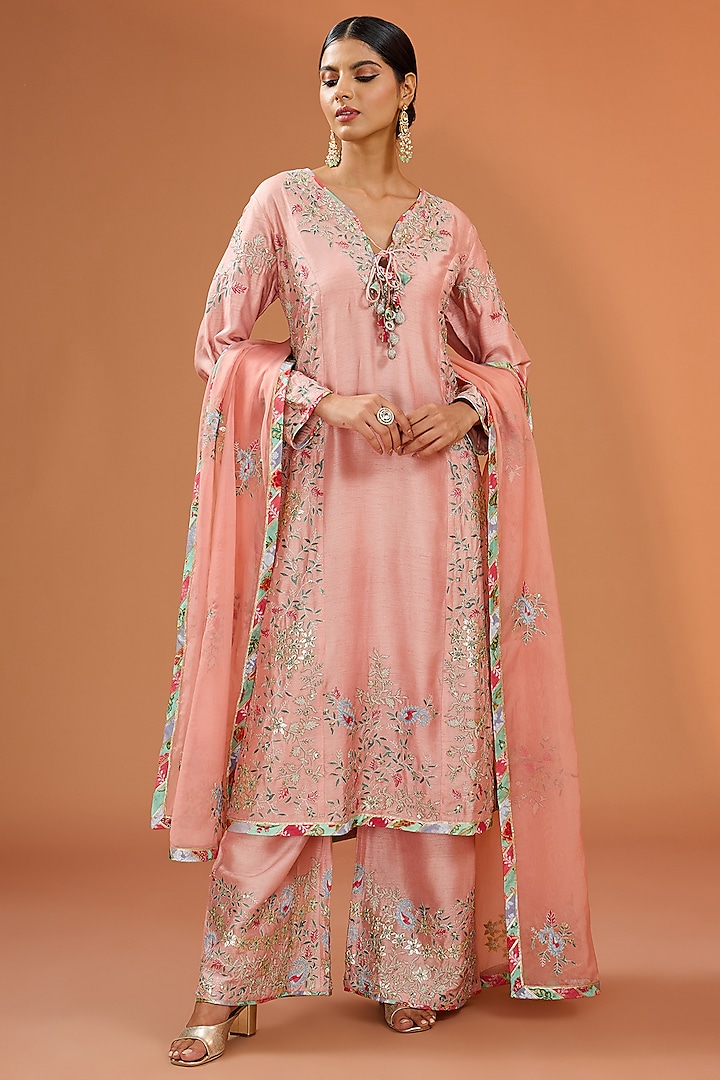 Old Rose Pink Dupion Silk Aari Embroidered Kurta Set by Simar Dugal at Pernia's Pop Up Shop