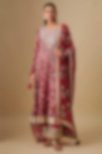 Red Printed Georgette Zari Embroidered Wedding Anarkali Set by Simar Dugal at Pernia's Pop Up Shop