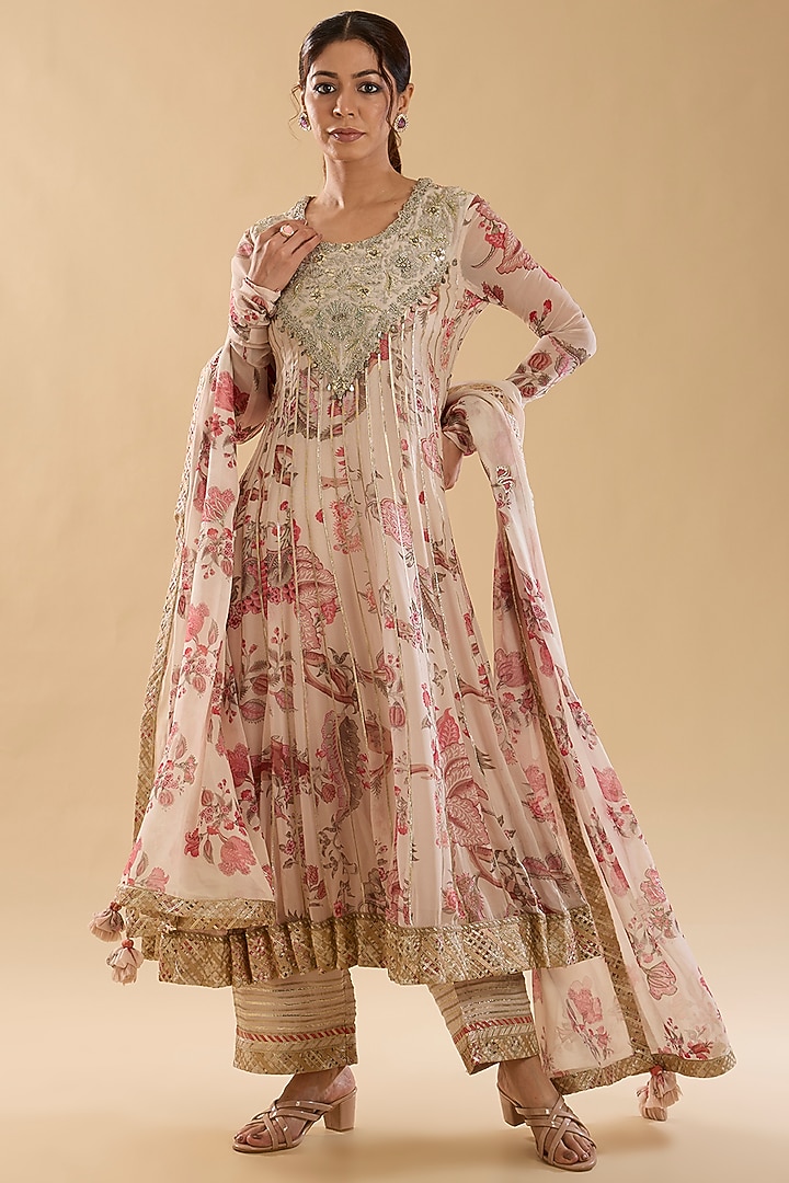 Pink Georgette Dabka Embroidered & Printed Wedding Anarkali Set by Simar Dugal at Pernia's Pop Up Shop