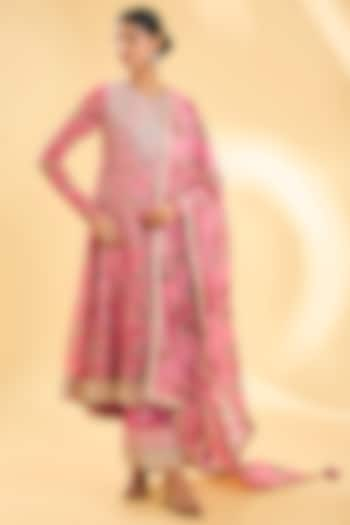 Pink Georgette Printed & Zari Embroidered Pleated Anarkali Set by Simar Dugal at Pernia's Pop Up Shop