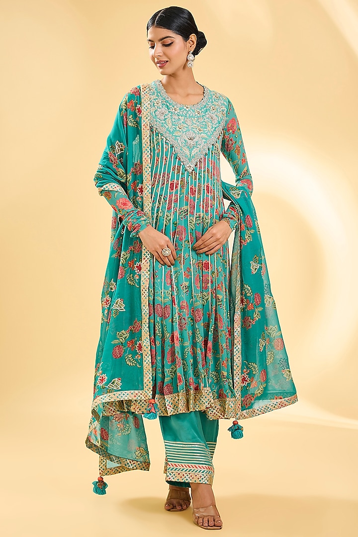 Blue Georgette Printed & Zari Embroidered Pleated Anarkali Set by Simar Dugal at Pernia's Pop Up Shop