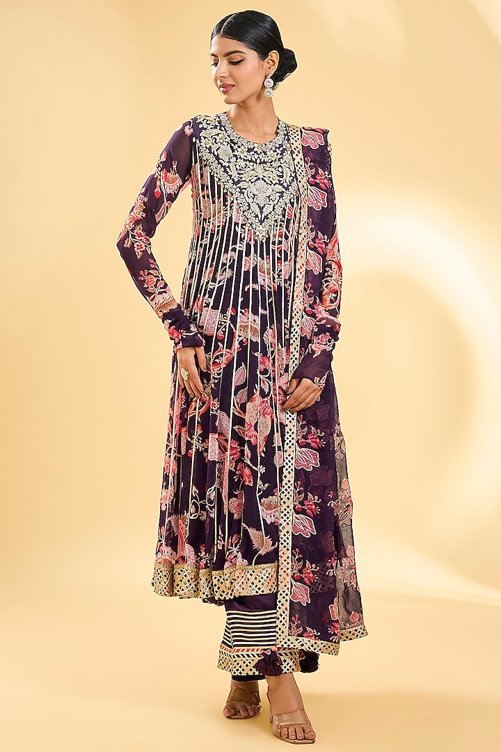 Purple Georgette Printed & Zari Embroidered Pleated Anarkali Set by Simar Dugal at Pernia's Pop Up Shop