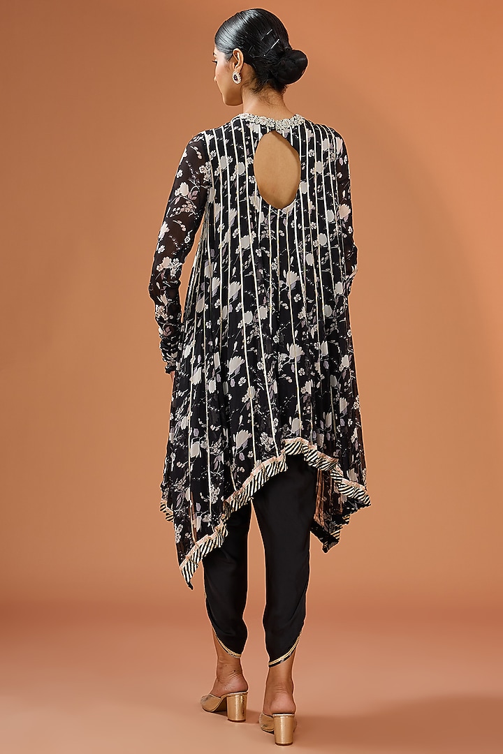 Black Georgette Printed & Hand Embroidered Asymmetric Kurta Set by Simar Dugal at Pernia's Pop Up Shop