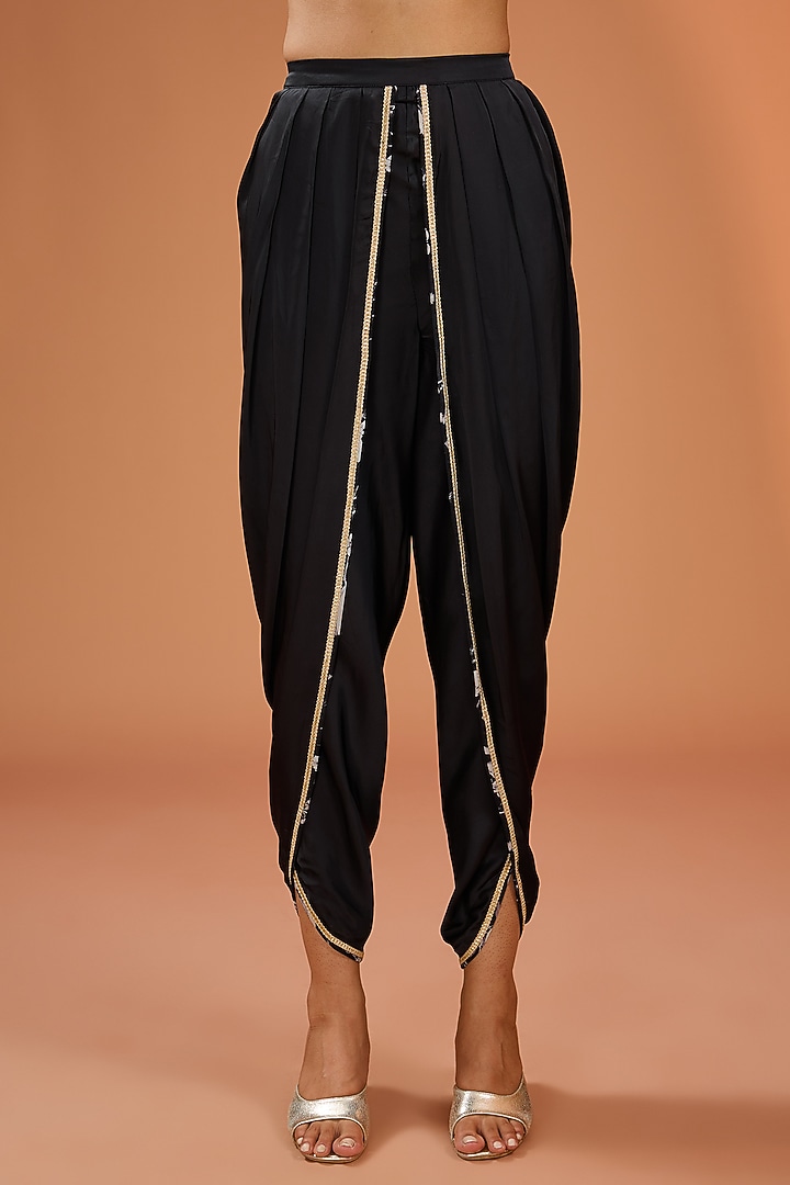 Black Georgette Printed & Hand Embroidered Asymmetric Kurta Set by Simar Dugal at Pernia's Pop Up Shop