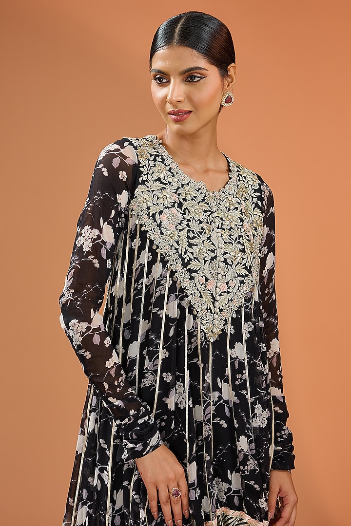 Black Georgette Printed & Hand Embroidered Asymmetric Kurta Set by Simar Dugal at Pernia's Pop Up Shop