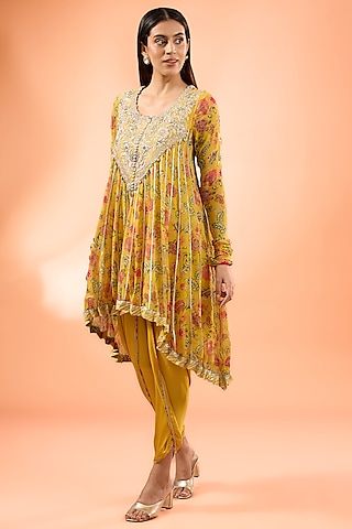 Mustard Georgette Printed & Hand Embroidered Asymmetric Kurta Set by Simar Dugal
