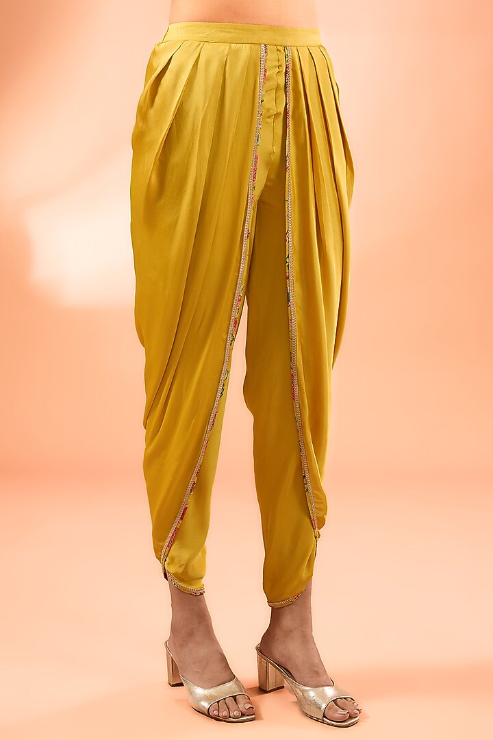 Mustard Georgette Printed & Hand Embroidered Asymmetric Kurta Set by Simar Dugal at Pernia's Pop Up Shop