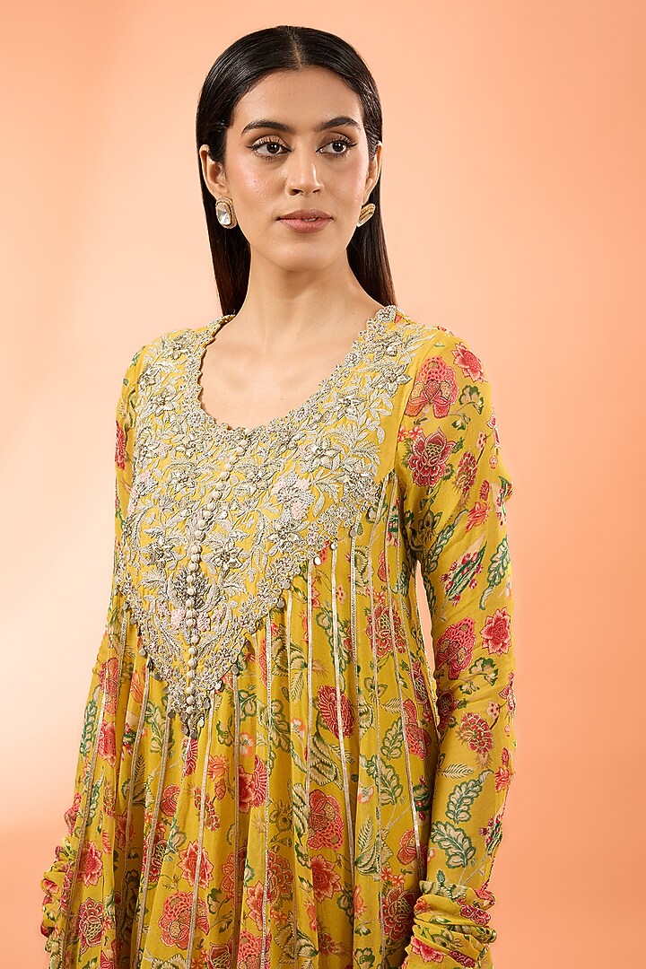 Mustard Georgette Printed & Hand Embroidered Asymmetric Kurta Set by Simar Dugal at Pernia's Pop Up Shop
