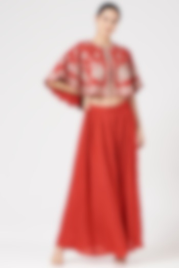 Cadmium Red Embroidered Cape Set by Simar Dugal