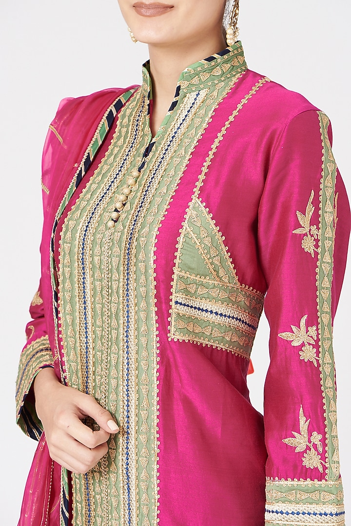 Fuchsia Chanderi Banarasi Paneled Wedding Sharara Set by Simar Dugal at Pernia's Pop Up Shop
