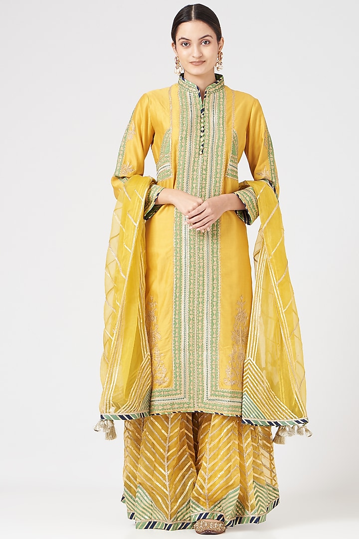 Dandelion Yellow Chanderi Banarasi Paneled Sharara Set by Simar Dugal at Pernia's Pop Up Shop