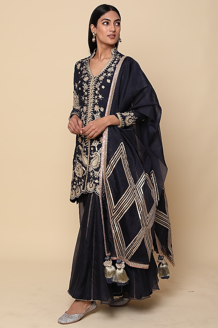 Navy Blue Embroidered Sharara Set by Simar Dugal