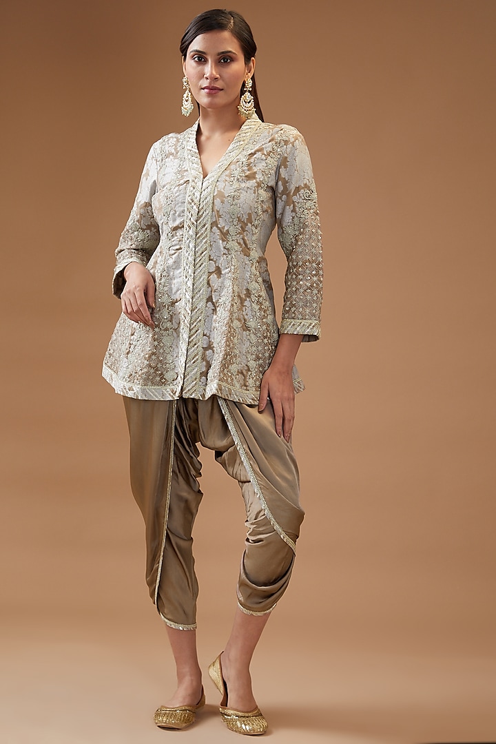 Brown Chanderi Embroidered Jacket Set by Simar Dugal