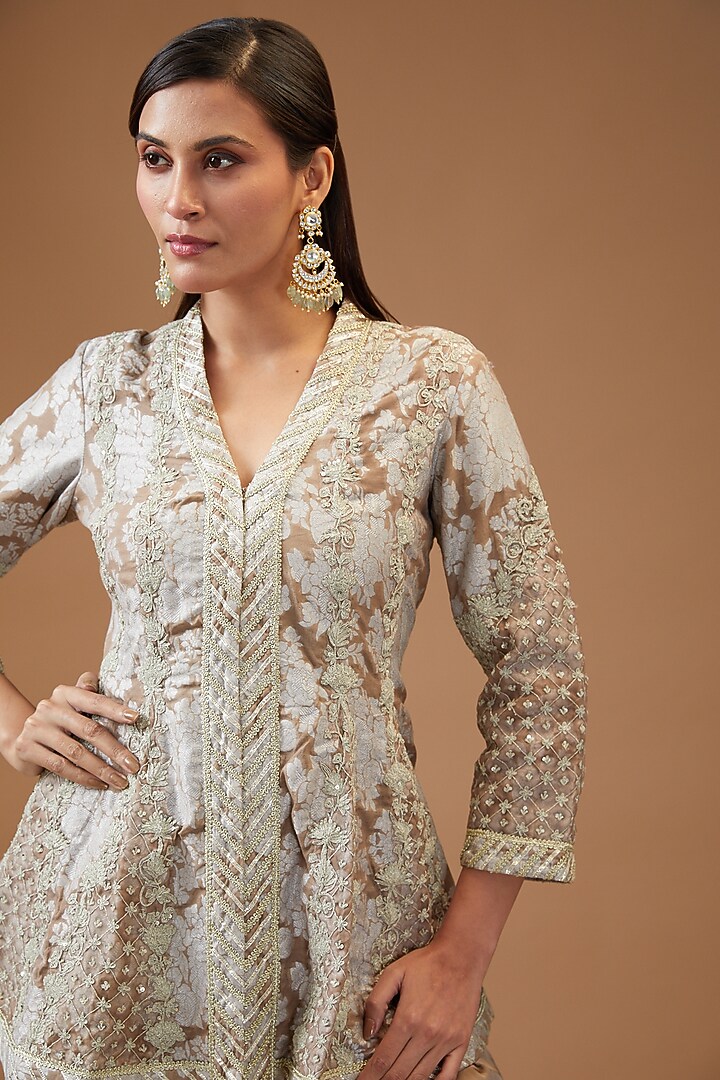 Brown Chanderi Embroidered Jacket Set by Simar Dugal at Pernia's Pop Up Shop