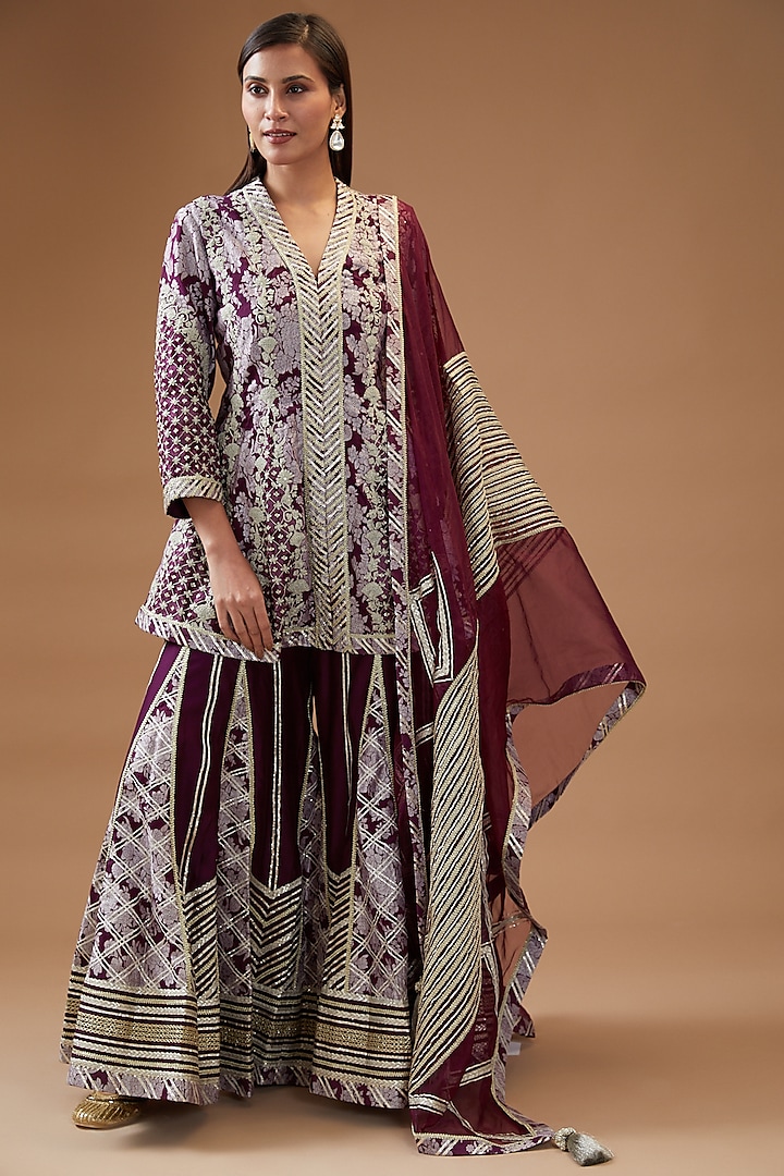 Purple Banarasi & Chanderi Embroidered Wedding Sharara Set by Simar Dugal at Pernia's Pop Up Shop
