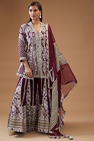 Purple Banarasi & Chanderi Embroidered Sharara Set by Simar Dugal