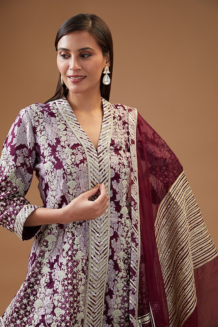 Purple Banarasi & Chanderi Embroidered Wedding Sharara Set by Simar Dugal at Pernia's Pop Up Shop