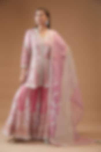 Salmon Pink Banarasi & Chanderi Embroidered Wedding Sharara Set by Simar Dugal at Pernia's Pop Up Shop