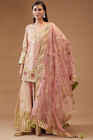 Pink Banarasi Embroidered Sharara Set by Simar Dugal