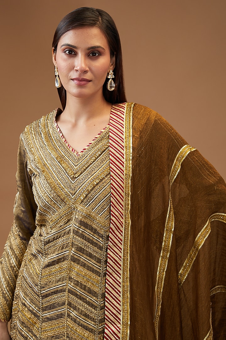 Bronze Chanderi Embellished Bridal Sharara Set by Simar Dugal at Pernia's Pop Up Shop