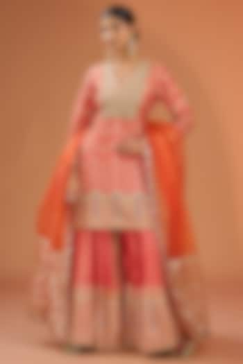 Warm Pink Muslin Gota Embellished Sharara Set by Simar Dugal at Pernia's Pop Up Shop