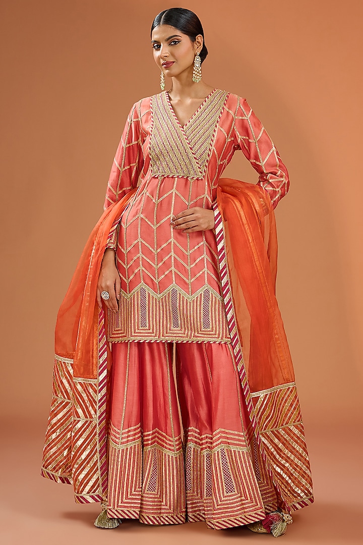 Warm Pink Muslin Gota Embellished Sharara Set by Simar Dugal at Pernia's Pop Up Shop