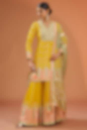 Yellow Muslin Gota Embellished Sharara Set by Simar Dugal at Pernia's Pop Up Shop