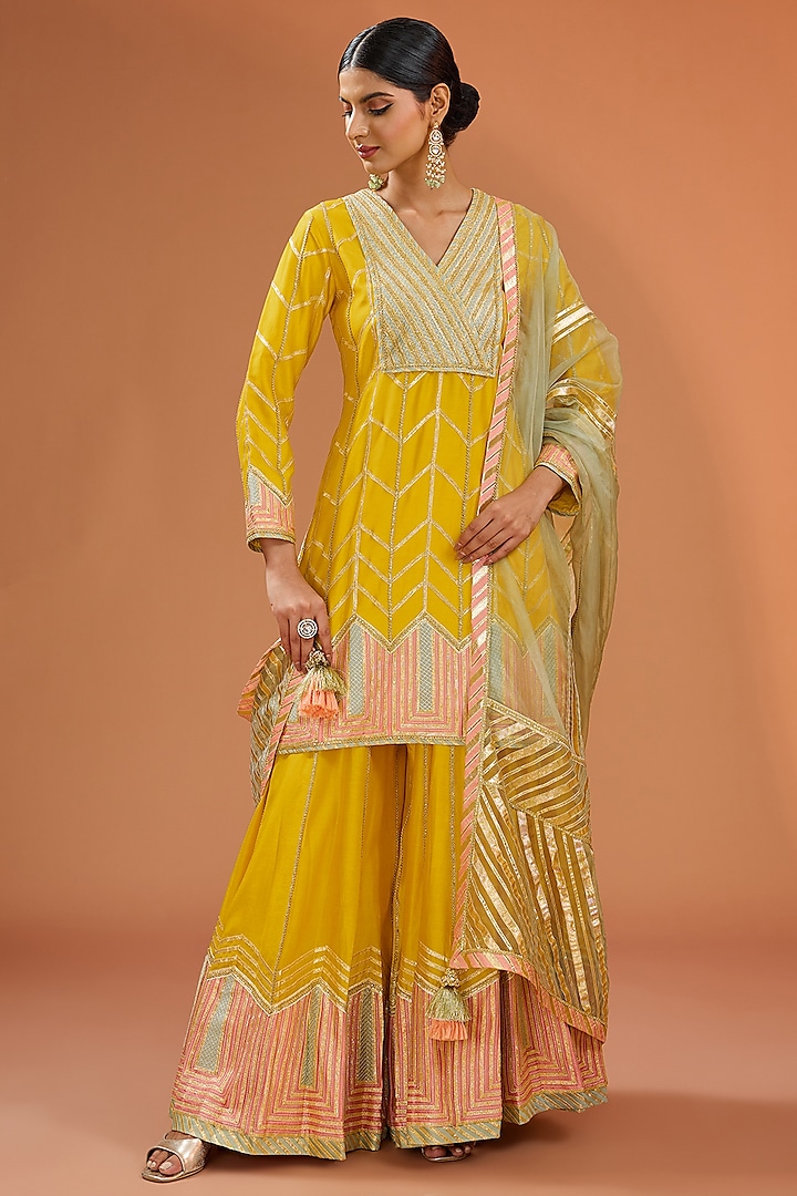 Yellow Muslin Gota Embellished Sharara Set by Simar Dugal at Pernia's Pop Up Shop