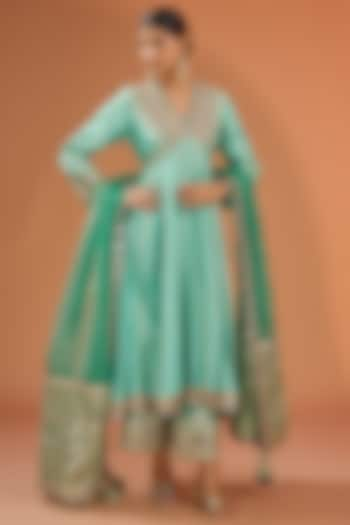 Aqua Blue Chanderi Gota Embellished Anarkali Set by Simar Dugal at Pernia's Pop Up Shop