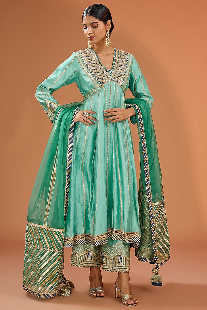 Aqua Blue Chanderi Gota Embellished Anarkali Set by Simar Dugal at Pernia's Pop Up Shop