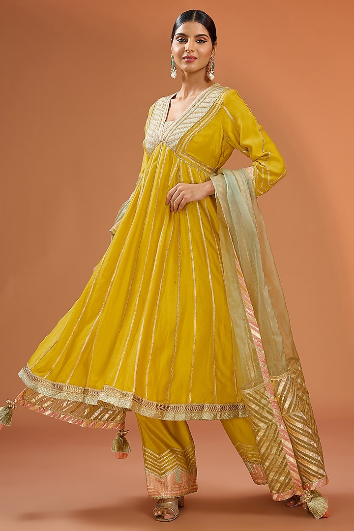 Yellow Chanderi Gota Embellished Anarkali Set by Simar Dugal at Pernia's Pop Up Shop