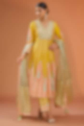 Yellow Chanderi Gota Embellished Color-Blocked Anarkali Set by Simar Dugal at Pernia's Pop Up Shop