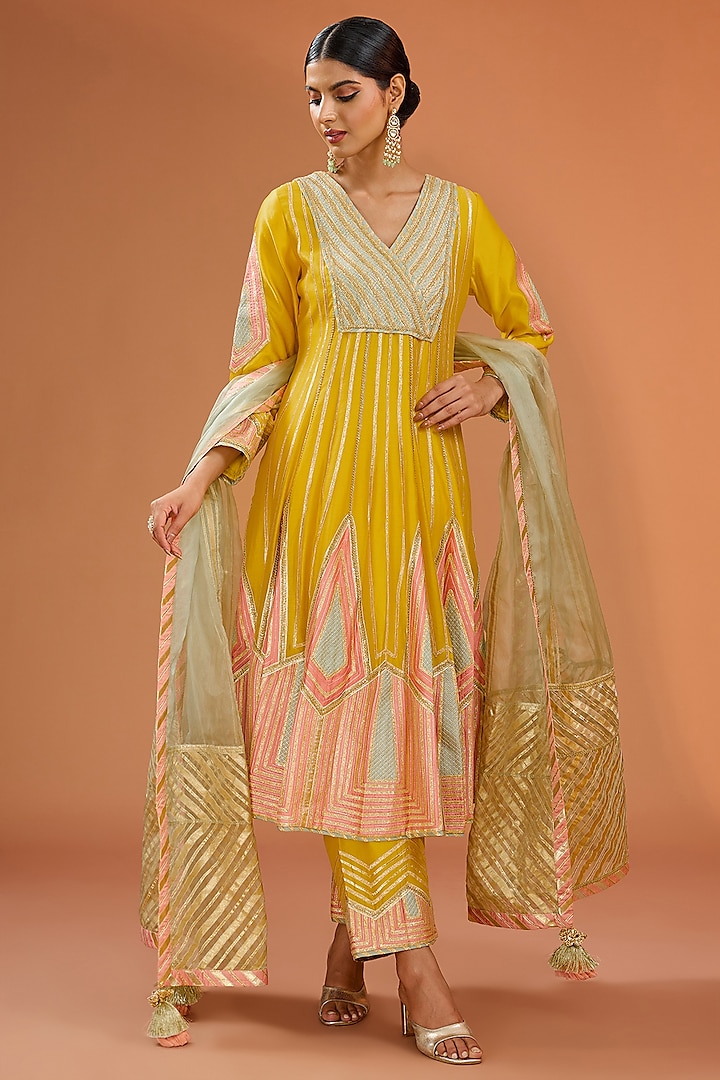 Yellow Chanderi Gota Embellished Color-Blocked Anarkali Set by Simar Dugal at Pernia's Pop Up Shop