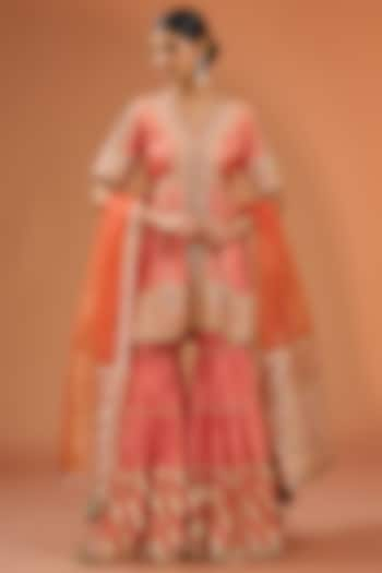 Warm Pink Muslin Gota Embellished Tiered Sharara Set by Simar Dugal at Pernia's Pop Up Shop