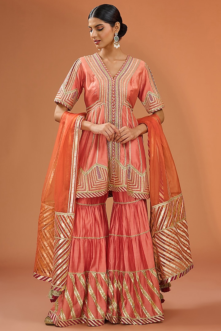 Warm Pink Muslin Gota Embellished Tiered Sharara Set by Simar Dugal at Pernia's Pop Up Shop