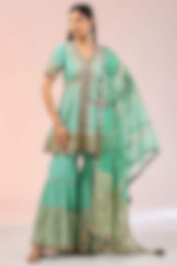 Aqua Chanderi Tiered Sharara Set by Simar Dugal at Pernia's Pop Up Shop