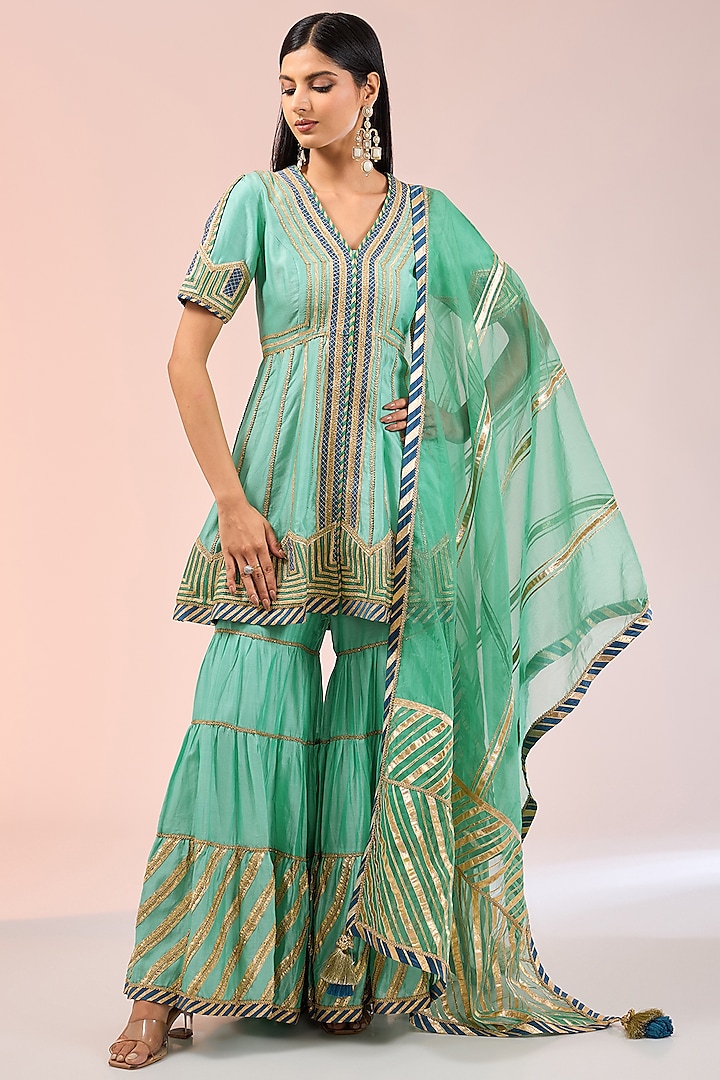 Aqua Chanderi Tiered Sharara Set by Simar Dugal at Pernia's Pop Up Shop