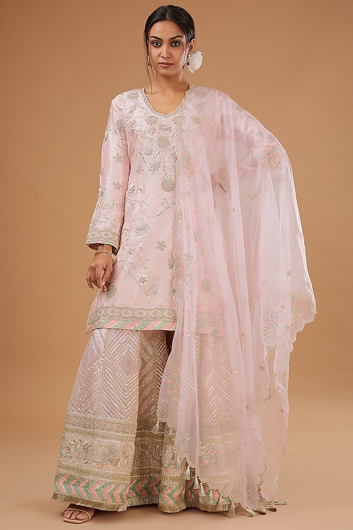 Blush Pink Organza Embroidered Sharara Set by Simar Dugal at Pernia's Pop Up Shop