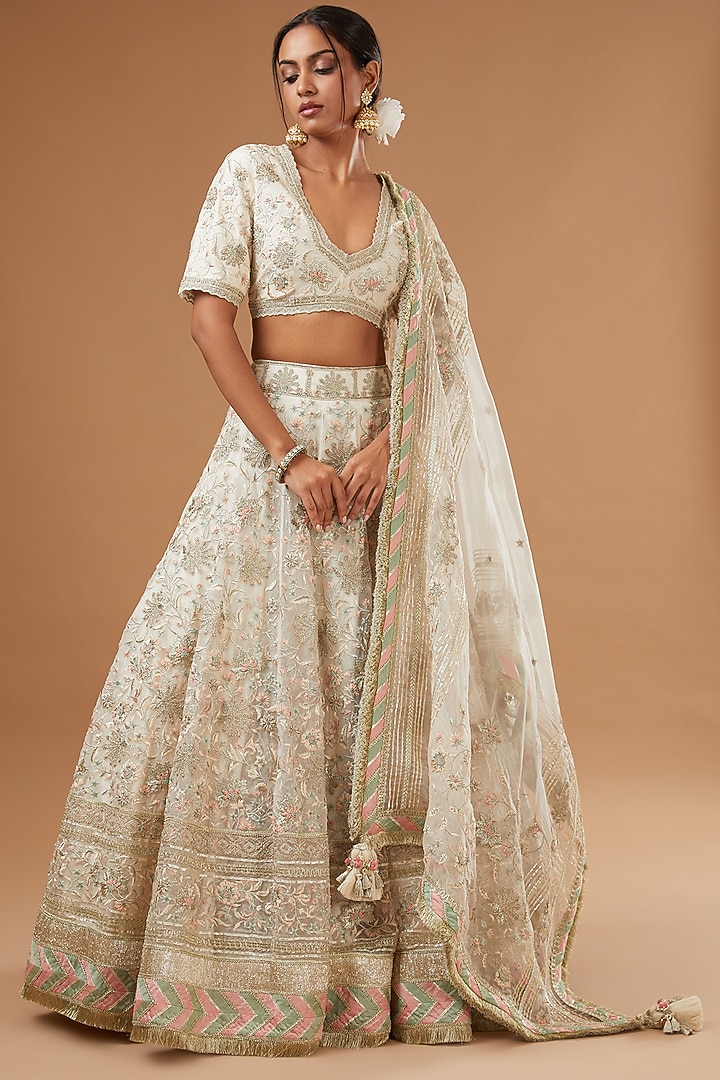Ivory Organza & Chanderi Embellished Bridal Lehenga Set by Simar Dugal at Pernia's Pop Up Shop