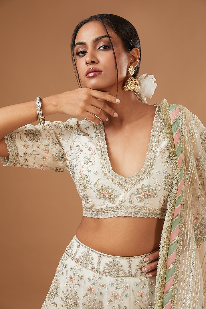 Ivory Organza & Chanderi Embellished Bridal Lehenga Set by Simar Dugal at Pernia's Pop Up Shop
