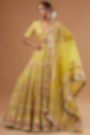 Yellow Organza & Chanderi Embellished Lehenga Set by Simar Dugal