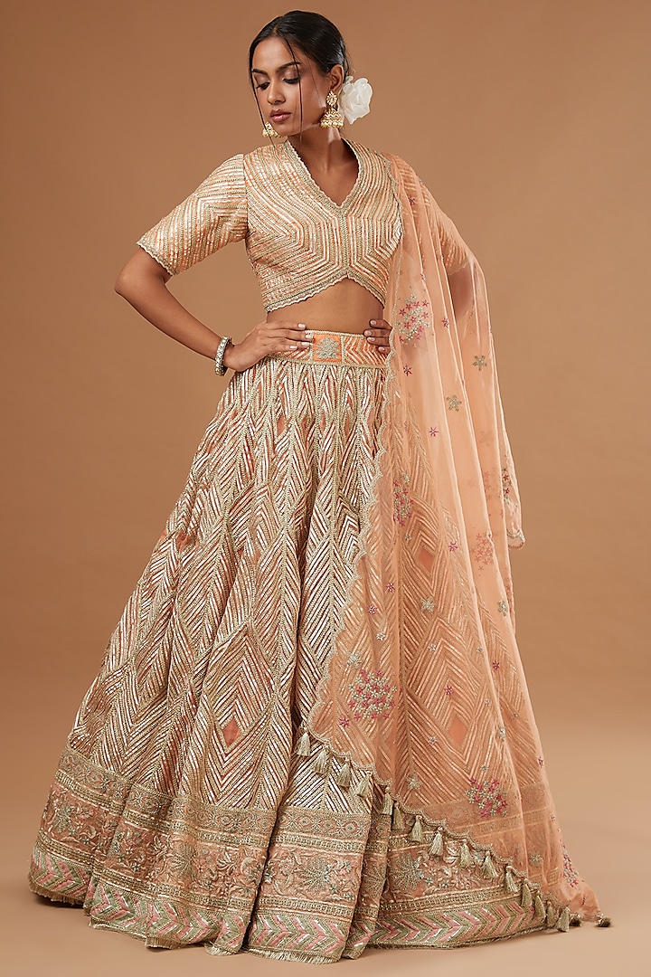 Peach Organza Embroidered Bridal Lehenga Set by Simar Dugal at Pernia's Pop Up Shop